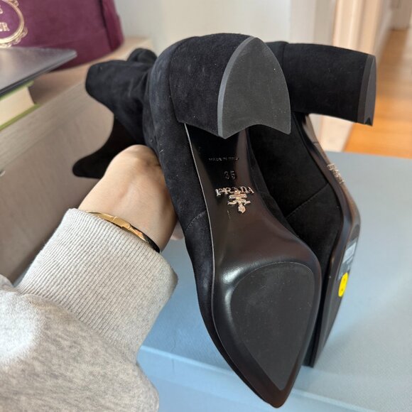 NWt Prada Mid Calf Boots Black Suede Leather Pointed Toes Block Heels Sz 35 - Picture 9 of 10